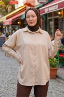 Kadın Bej Saten Kumaş Yazlık Trend Tesettür Gömlek Tunik