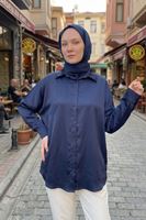 Kadın Lacivert  Saten Kumaş Yazlık Trend Tesettür Gömlek Tunik  