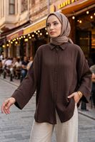 Kadın Tesettür Gömlek Kahve Duble Kol Müslin Kumaş Yazlık Rahat Kalıp Tesettür Gömlek Tunik 