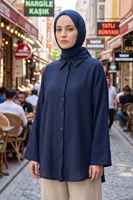 Kadın Tesettür Gömlek Lacivert Duble Kol Müslin Kumaş Yazlık Rahat Kalıp Tesettür Gömlek Tunik 