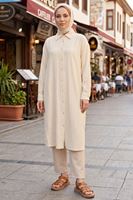 Kadın Gömlek Yaka Arka A Pile Çilek Kumaş Yazlık Efil Efil Trend 110 CM Bej Tesettür Uzun Tunik 