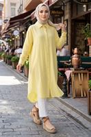 Kadın Gömlek Yaka Arka A Pile Çilek Kumaş Yazlık Efil Efil Trend 110 CM Sarı Tesettür Uzun Tunik 