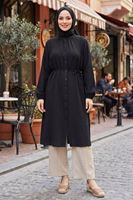 Kadın Siyah Hakim Yaka Düğmeli Muslin Kumaş Kolu Lastikli Trend Şık Yazlık Rahat Kalıp Tesettür Uzun Tunik