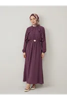 Fırfır Detay Elbise-Mürdüm
