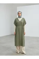 Rahat  Kesim V Yaka Müslin Elbise-Haki