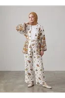 Desenli Viskon Kimono Takım-Koyu Kahve