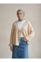 Önü Bağlamalı Kısa Kimono-Bej