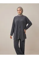 Fermuar Detay Asimetrik  Kesim Pantolonlu Takım-Siyah