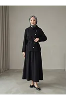 Çapraz Düğmeli Etekli Takım-Siyah