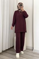 Kadın  Yan Fermuar Detay Reglan Kol Tunik Pantolonlu Tesettür Takım Bordo
