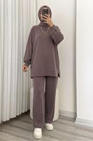 Kadın Yan Fermuar Detay Reglan Kol Tunik Pantolonlu Tesettür Takım Açık Kahve