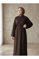 Comfort Dokulu Uzun Elbise -Kahve