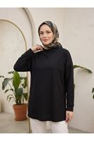 Yarım Yaka Ön Robalı Yırtmaçlı Tunik-Siyah