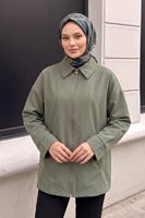 Kadın Haki Düşük Omuzlu Fermuarlı Kadın Ceket Cepli Uzun Kollu Oversize Tesettür Trençkot