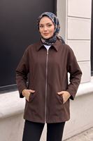 Kadın Kahve Düşük Omuzlu Fermuarlı Kadın Ceket Cepli Uzun Kollu Oversize Tesettür Trençkot