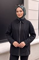 Kadın Siyah Düşük Omuzlu Fermuarlı Kadın Ceket Cepli Uzun Kollu Oversize Tesettür Trençkot