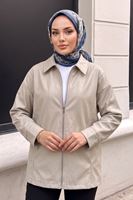 Kadın Taş Düşük Omuzlu Fermuarlı Kadın Ceket Cepli Uzun Kollu Oversize Tesettür Trençkot
